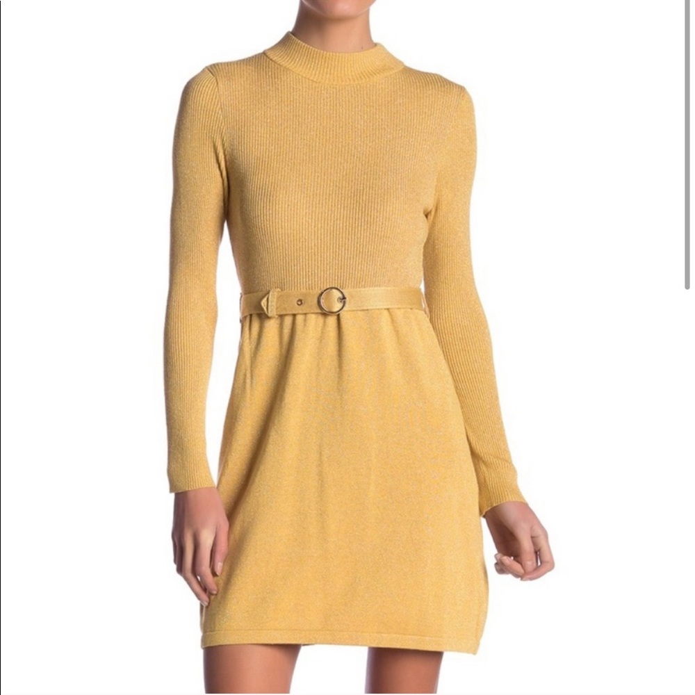 Free People Gold Shimmer Knit Belted Sweater Dress